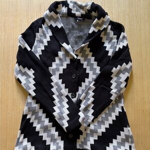 Chaps Sweater Women’s Size Large Black Gray Knit Cardigan Geometric Shawl Neck